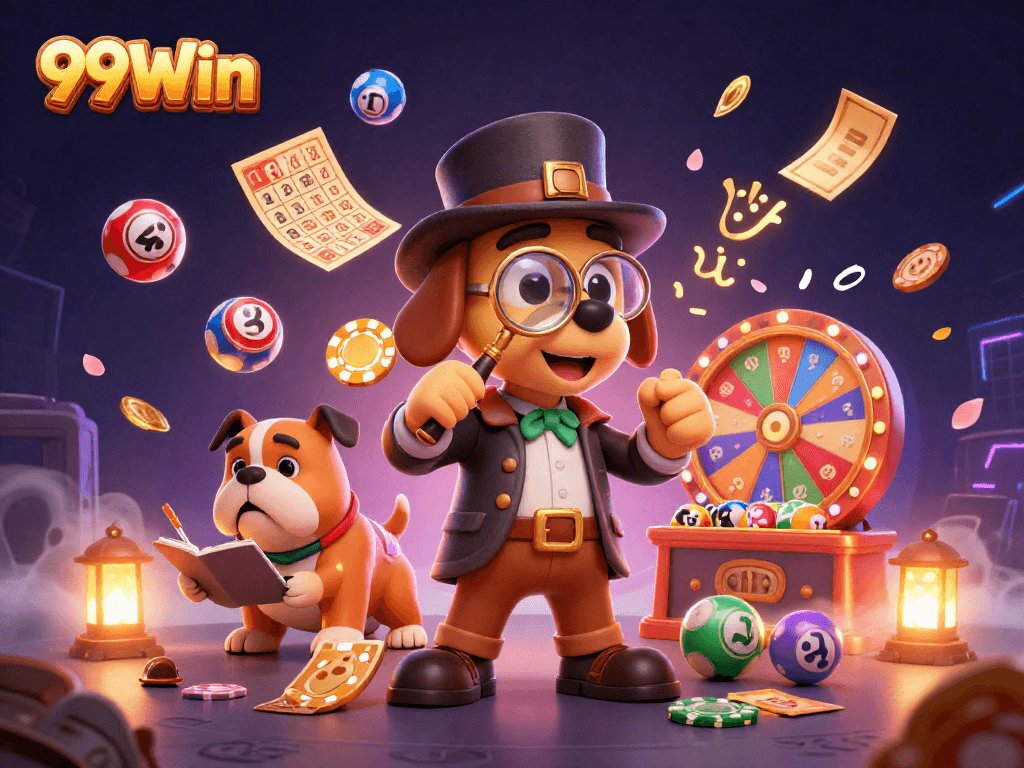 Engage in thrilling gambling activities at 99Win with a vibrant scene of detectives investigating treasures.