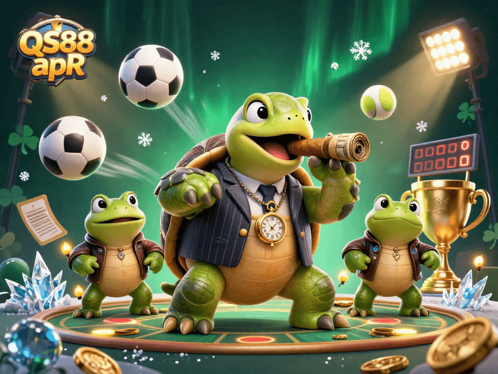 Engage in the excitement of QS88 apR with a dynamic 3D casino scene featuring a snapping turtle and bullfrog enforcers.