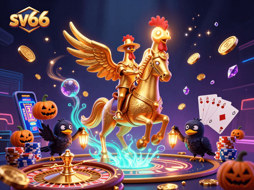 Engage with sv66's exciting casino experience featuring a golden rooster and vibrant casino elements.