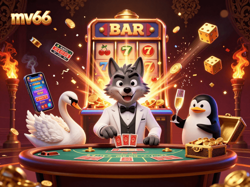 Experience thrilling bets with mv66 at a dynamic casino scene featuring wild characters and jackpots.