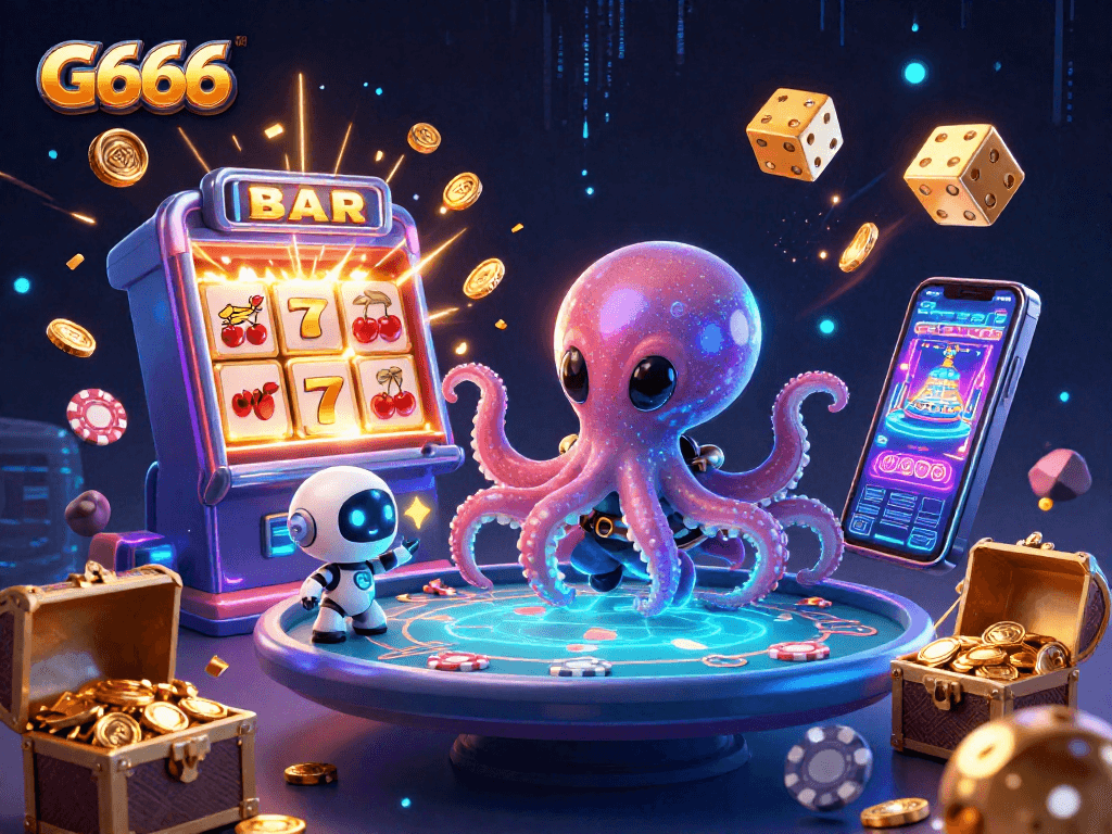 G666 transforms play with a holographic poker table and alien designs amidst dazzling casino features.