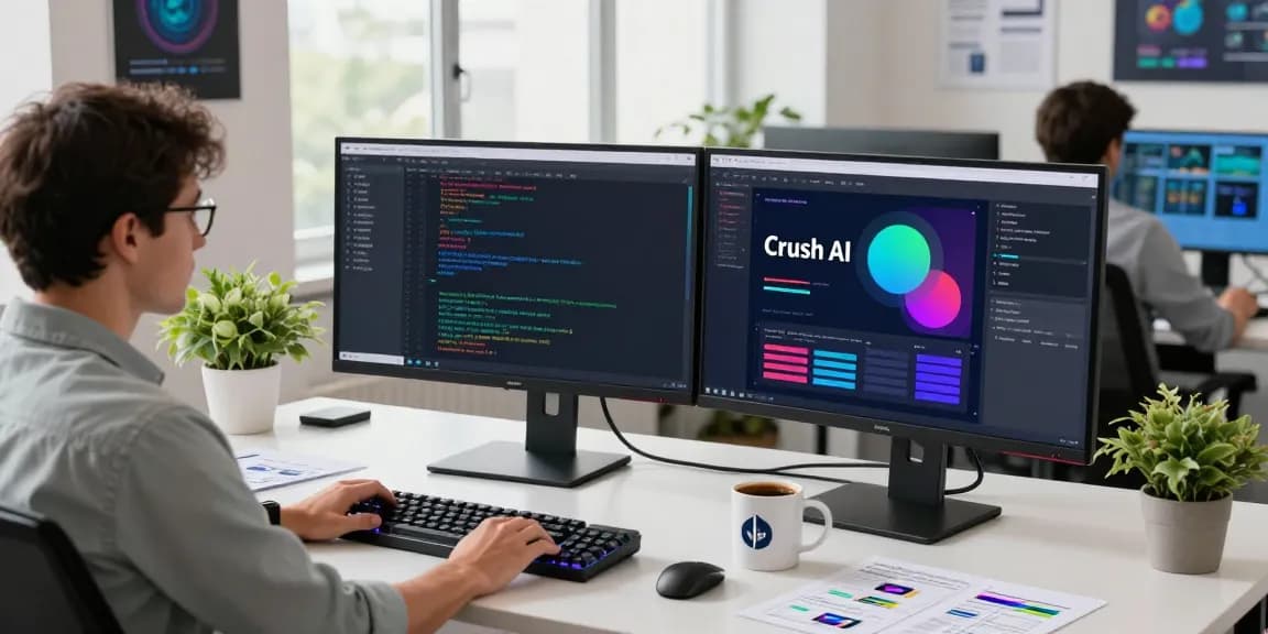 Developer utilizing crush ai software in a modern workspace with vibrant displays.