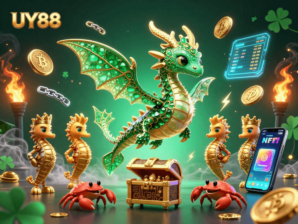 Experience UY88's sea dragon treasure hunt with vibrant 3D gold and crypto elements.
