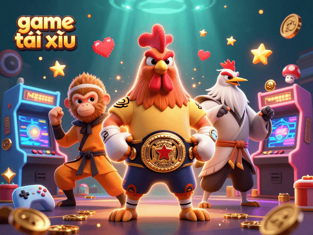 Experience the excitement of game tài xỉu with dynamic characters amid vibrant arcade elements.