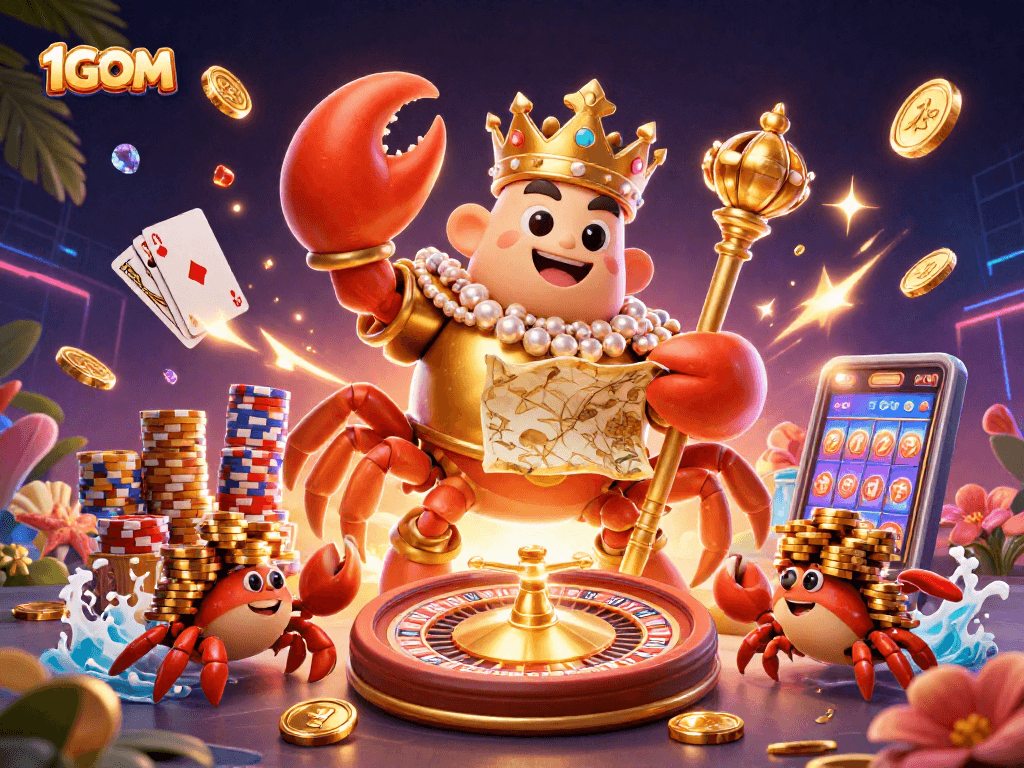 1GOM showcases dynamic betting excitement with a golden crab emperor, chips, and vibrant casino elements.