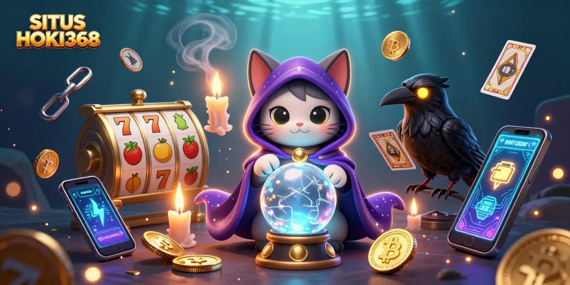 SITUS HOKI368 showcases a vibrant 3D scene featuring mystical characters with slots, crypto coins, and dynamic energy.