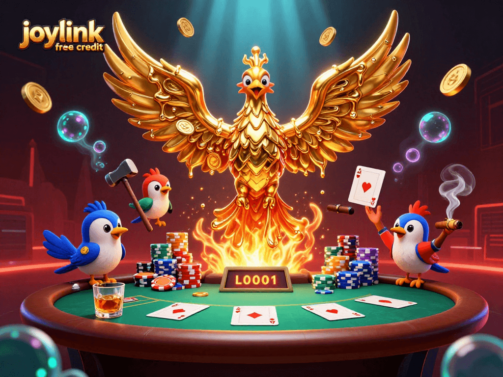 Experience the thrill of joylink free credit with golden phoenix and poker elements in a vibrant casino scene.