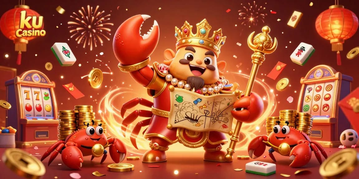 Win big at ku casino with a dynamic 3D scene showcasing lavish gaming elements and festive decorations.