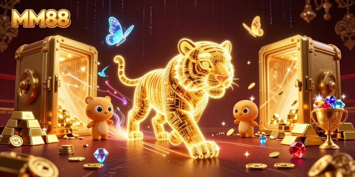Experience the vibrant allure of MM88's digital casino realm with a dazzling golden tiger and treasures.