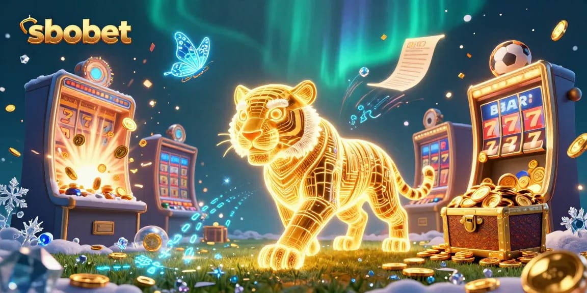 SboBet offers thrilling sports betting with a dynamic scene of a golden tiger and rolling jackpot.