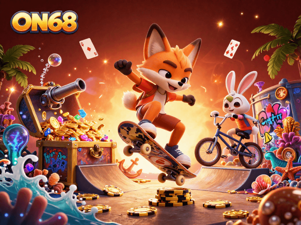 Engage with ON68, a vibrant illustration of a skateboarder fox and BMX rabbit adorned with casino symbols.