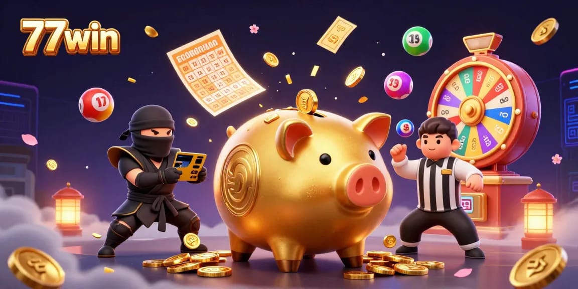 Experience thrilling winnings with 77win in this lively casino scene featuring vibrant lottery balls.