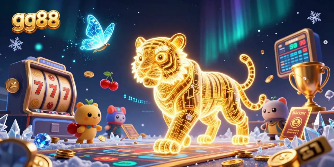 Experience thrilling gaming at gg88 with a neon golden tiger amidst vibrant casino elements.