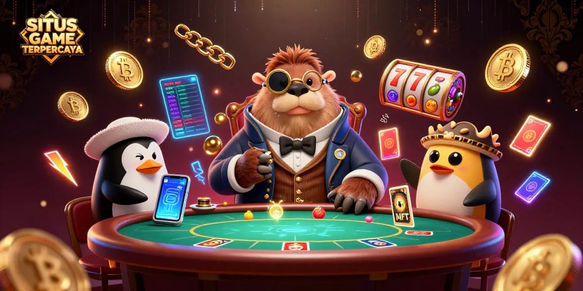 SITUS GAME TERPERCAYA showcases a jolly walrus playing poker underwater, surrounded by vibrant gaming elements.