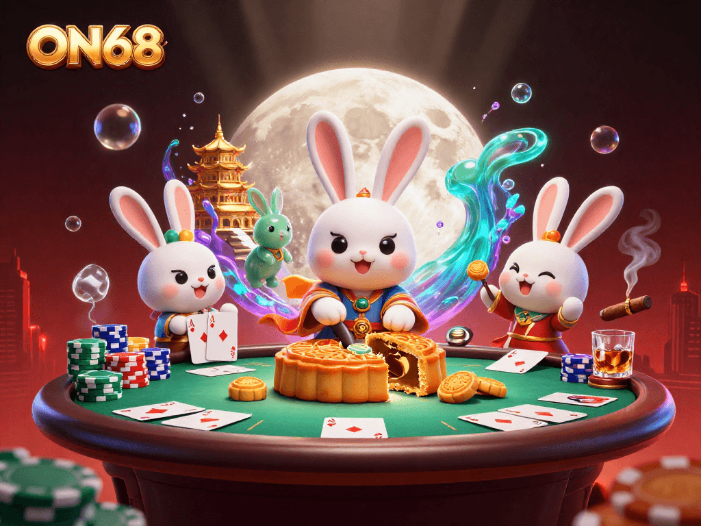 Engage with thrilling poker scenes featuring ON68 as the moon rabbit uncovers poker chips revealing surprises.