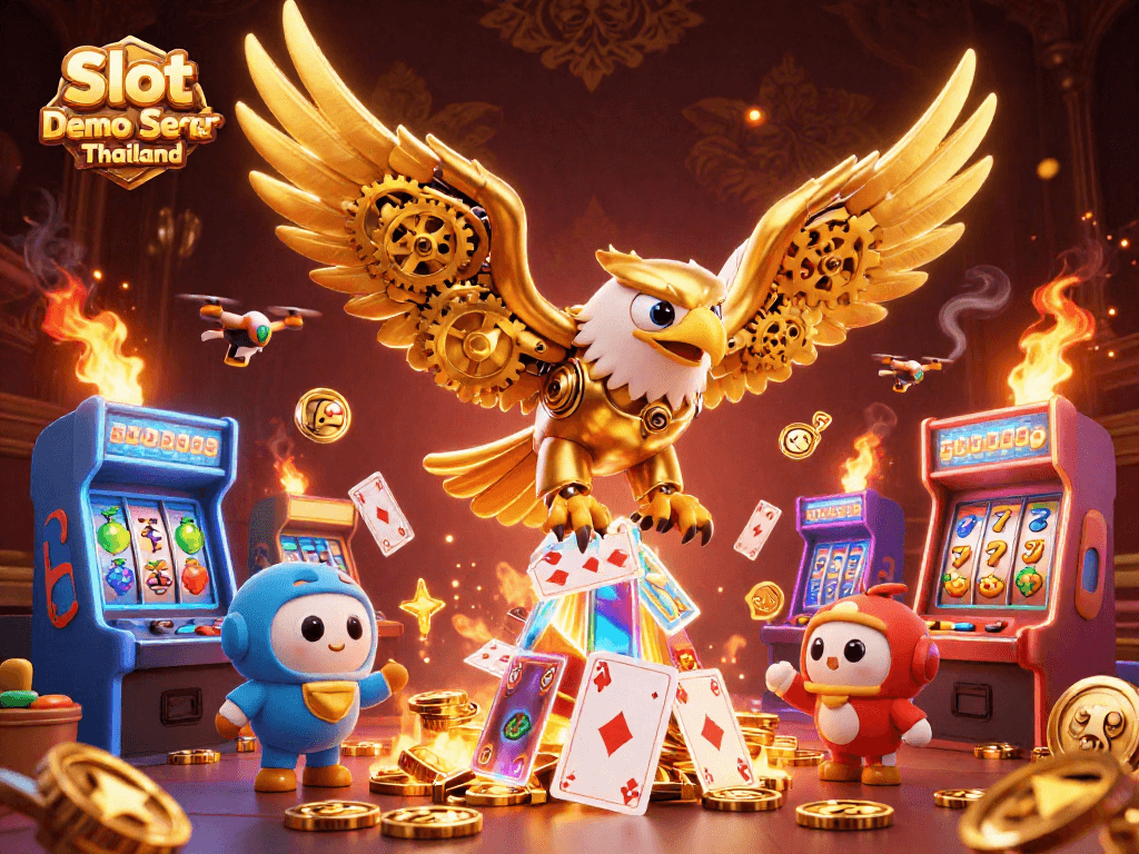 Experience the excitement of Slot Demo Server Thailand with a diving golden eagle amidst holographic cards.