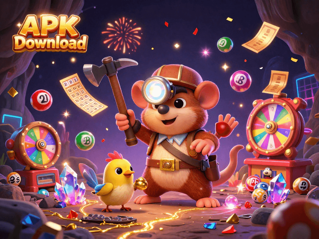 Engage with APK Slot Download and revel in dynamic gambling fun showcasing colorful lottery elements.