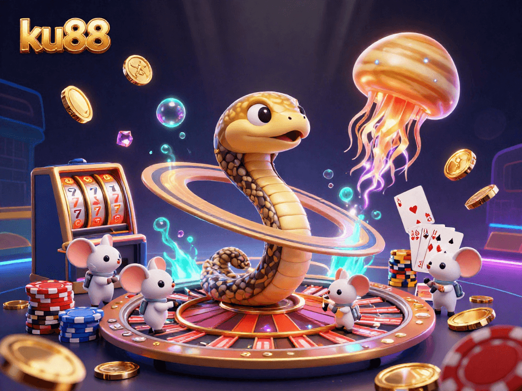ku88 players placing bets on a cosmic roulette with vibrant casino elements and golden treasures