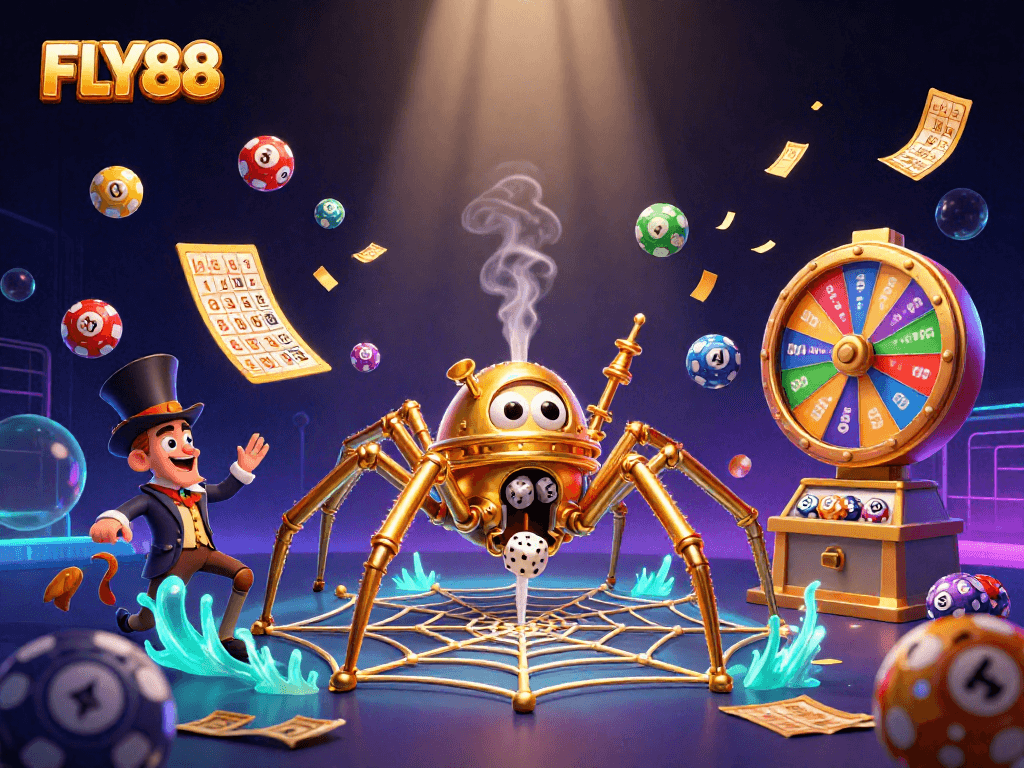 Experience the excitement of FLY88 with a dynamic scene showcasing a golden spider and a Victorian fly gentleman, surrounded by vibrant casino elements.
