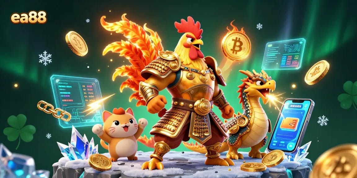 Experience thrilling adventure with ea88 as fighting rooster warriors battle alongside a dragon hatchling in a vibrant casino scene.