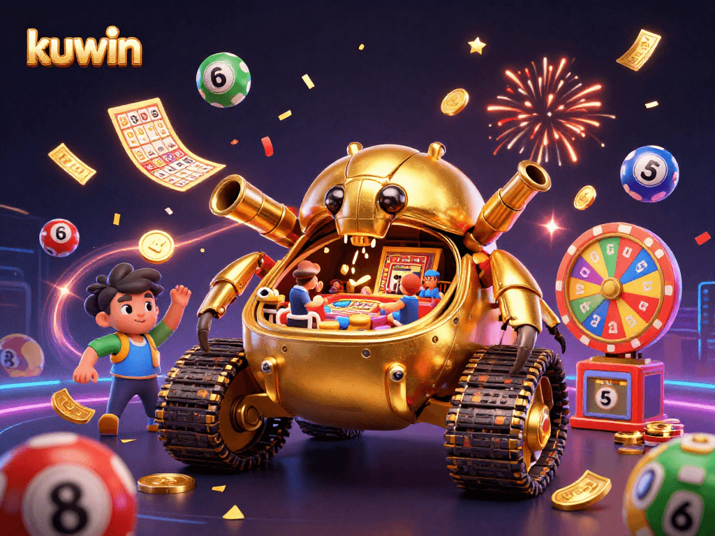 Experience winning thrills at kuwin with a vibrant casino scene packed with colorful lottery elements and festive confetti.