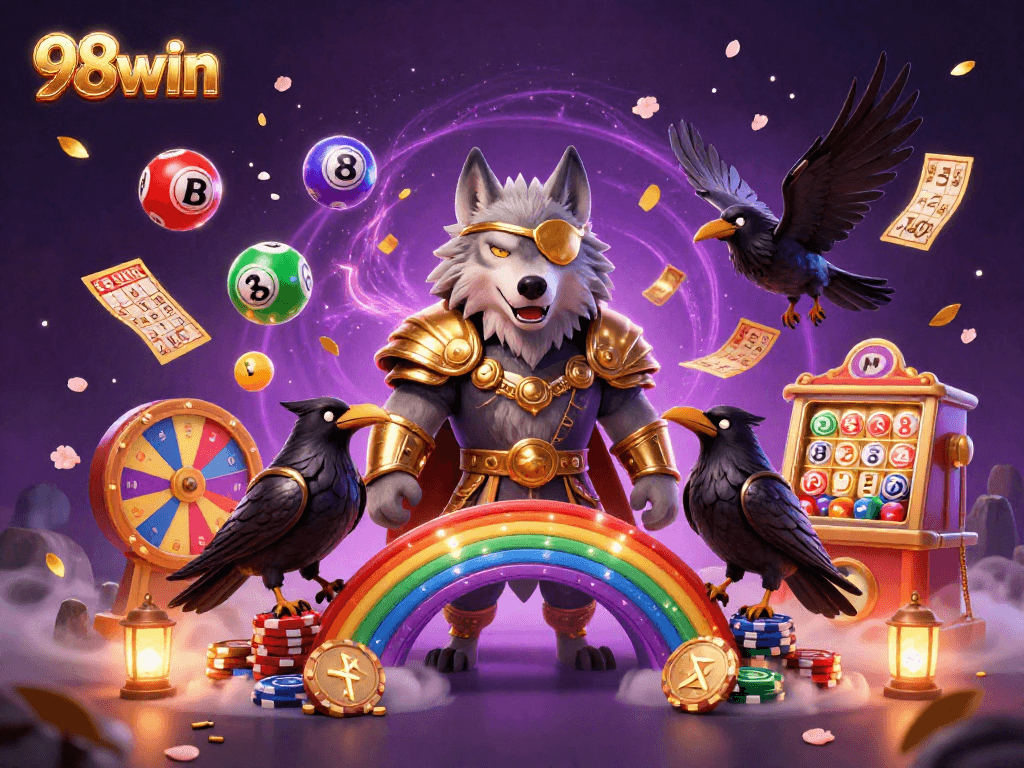 Engage with 98win through a dynamic 3D illustration showcasing Odin and ravens amid thrilling casino elements.