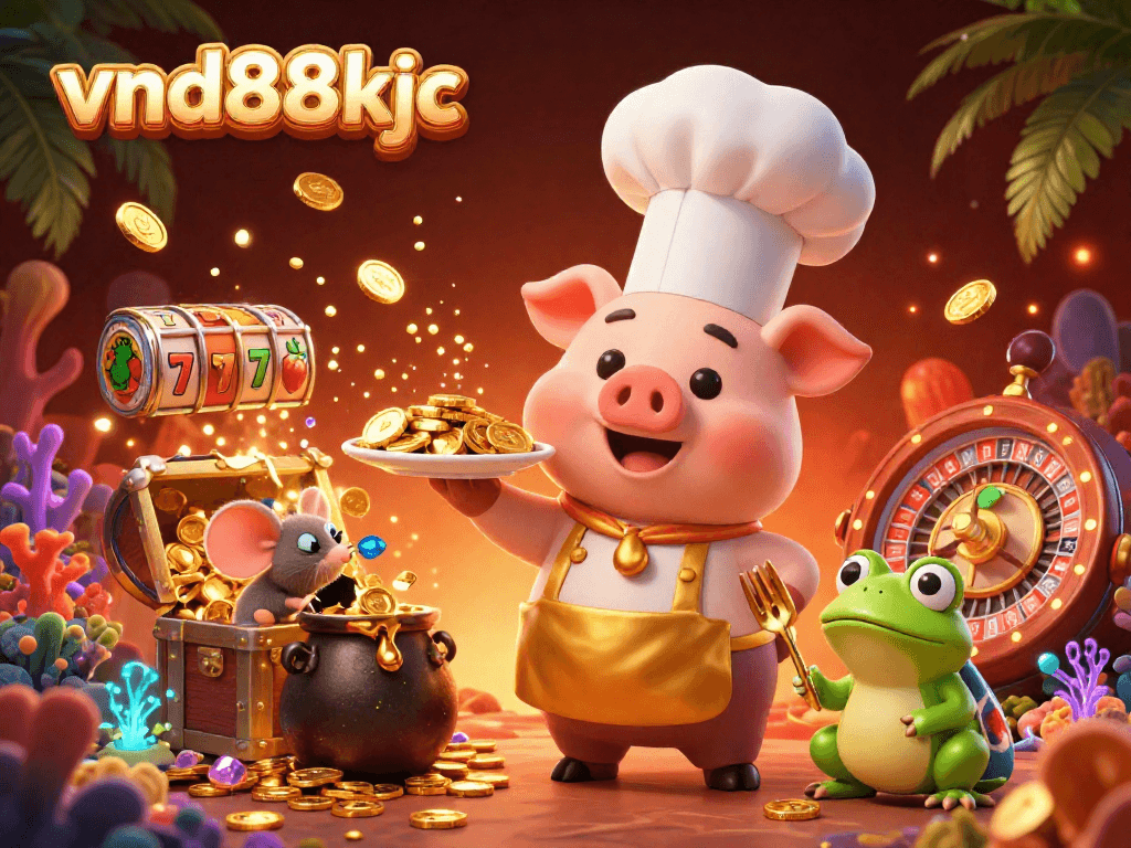 This vibrant vnd88kjc casino illustration showcases a chef pig, sous-chef mouse, and critic frog amidst gold coins and slot reels.