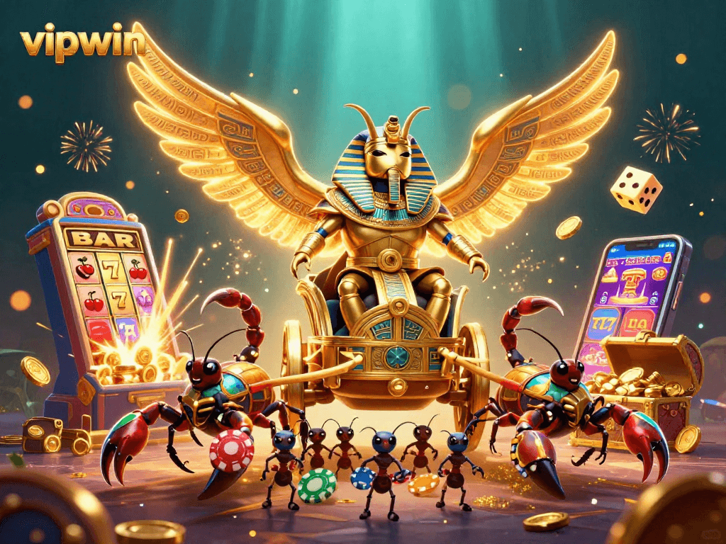 Experience thrilling gameplay at vipwin with a dynamic scene filled with golden treasures and casino symbols.