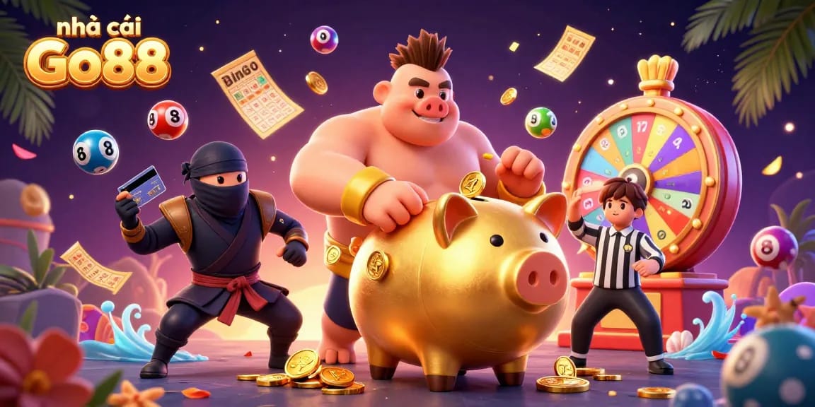 Experience excitement with nhà cái Go88 as a golden piggy bank sumo wrestler takes center stage in a vibrant casino illustration.