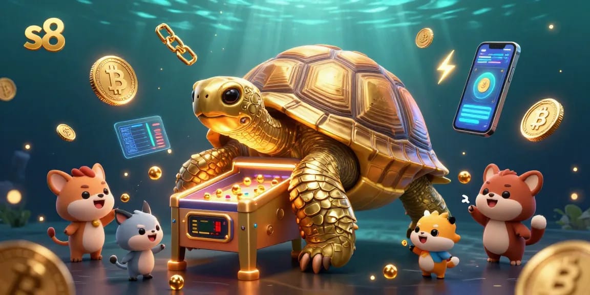 s8 users enjoying a lively gaming experience with a golden tortoise pinball machine and crypto elements.