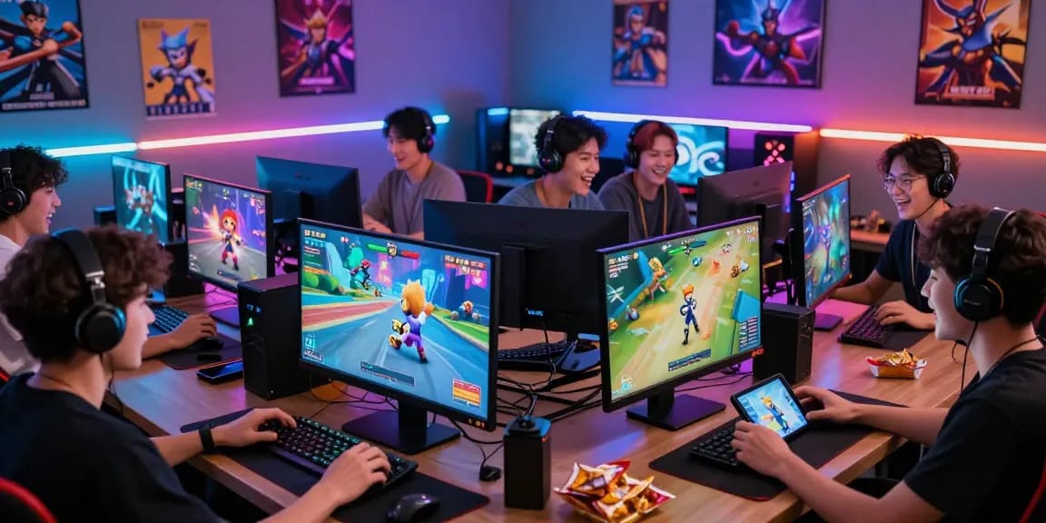 Engaged players enjoying diverse xxx games on various devices in a vibrant gaming environment.