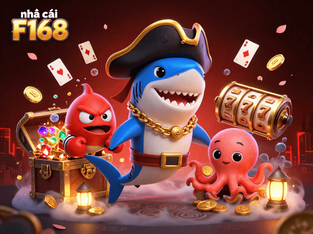 Join the fun at nhà cái F168, featuring a playful pirate shark, pufferfish, and octopus in a vibrant 3D casino scene.