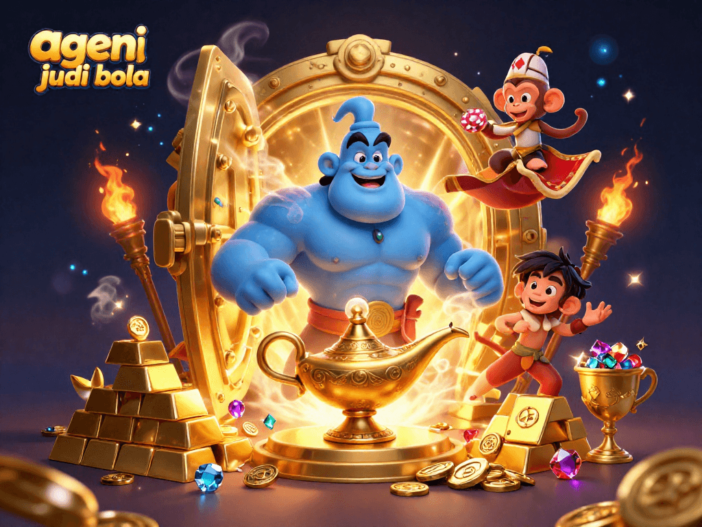 Experience thrilling wins with agen judi bola amidst a magical scene featuring a genie and treasures.