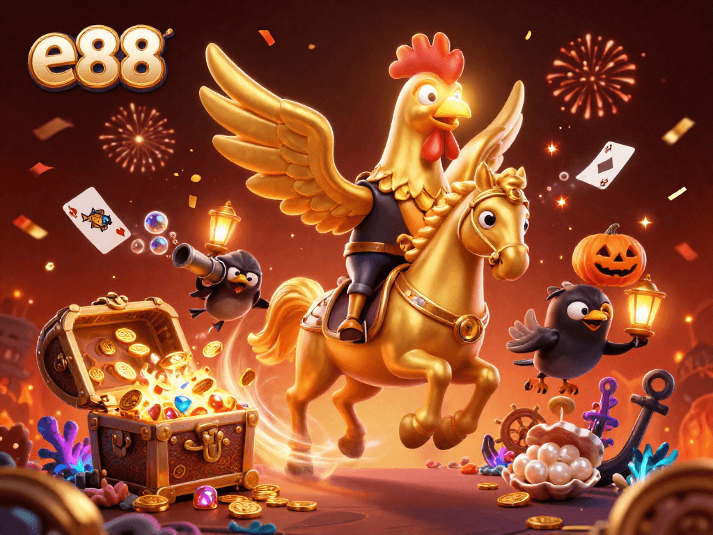 Experience winning moments with e88 at a lively casino scene featuring a golden rooster and vibrant treasure.