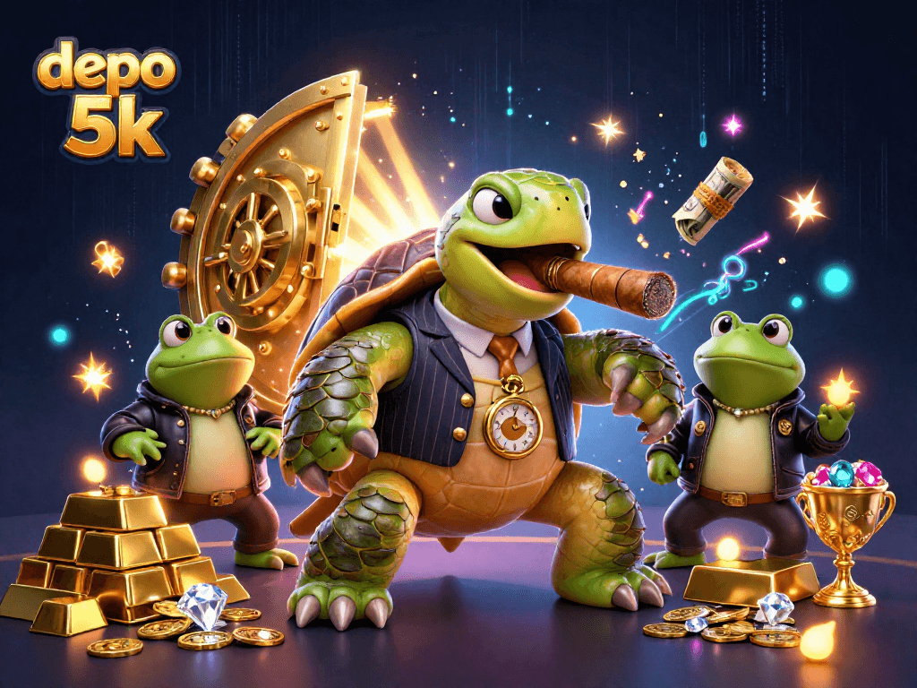 Engage with depo 5k in a vibrant casino scene, featuring a snapping turtle and bullfrogs surrounded by treasures.