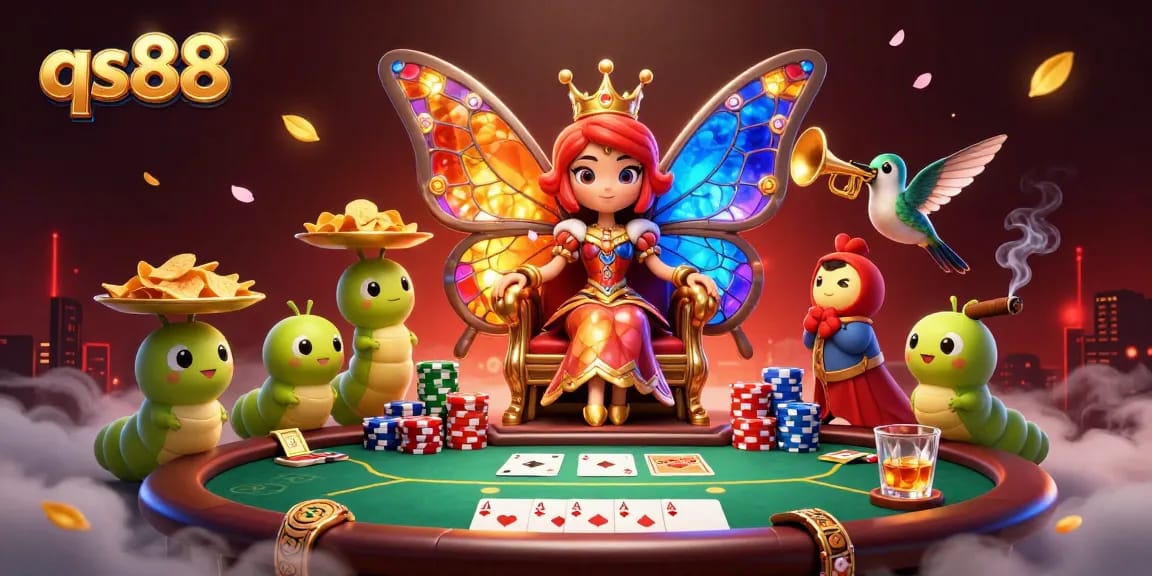 Experience the excitement of qs88 with a vibrant 3D casino scene featuring lively characters and poker action.