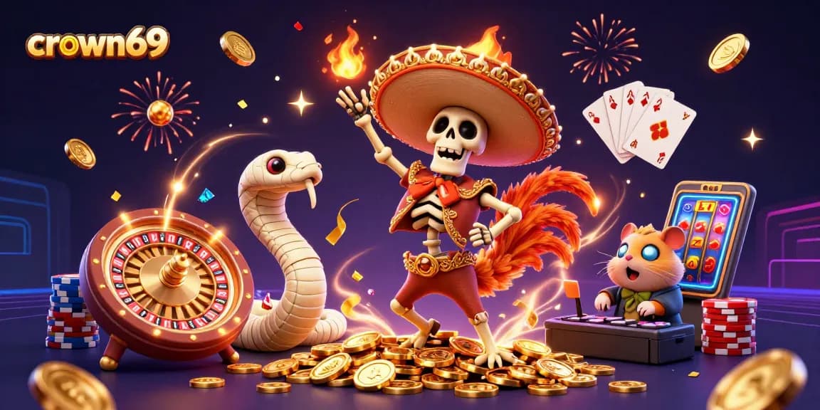 Experience the thrill of crown69 with vibrant casino characters celebrating massive wins amidst golden coins and sparkling gems.