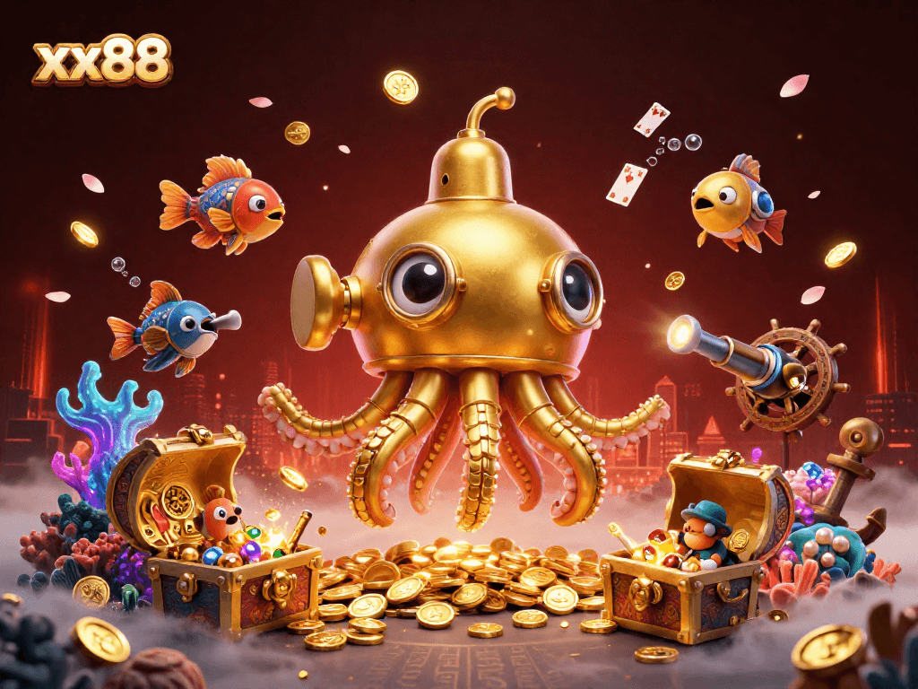 Experience thrilling gameplay with xx88's unique golden kraken submarine amidst treasure chests and vibrant casino elements.