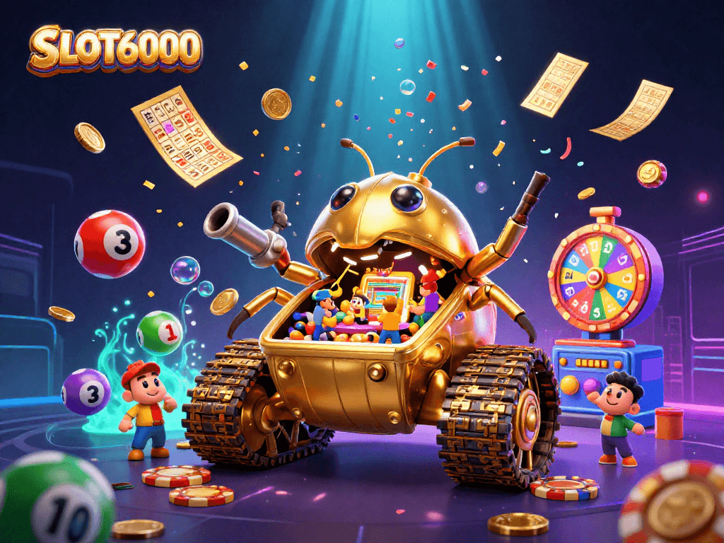 Experience the vibrant world of SLOT6000, with a dynamic casino-themed epic scene.