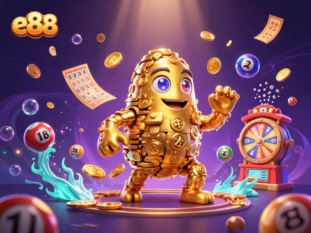Experience winning moments at e88 with vibrant casino-themed elements and golden golem.