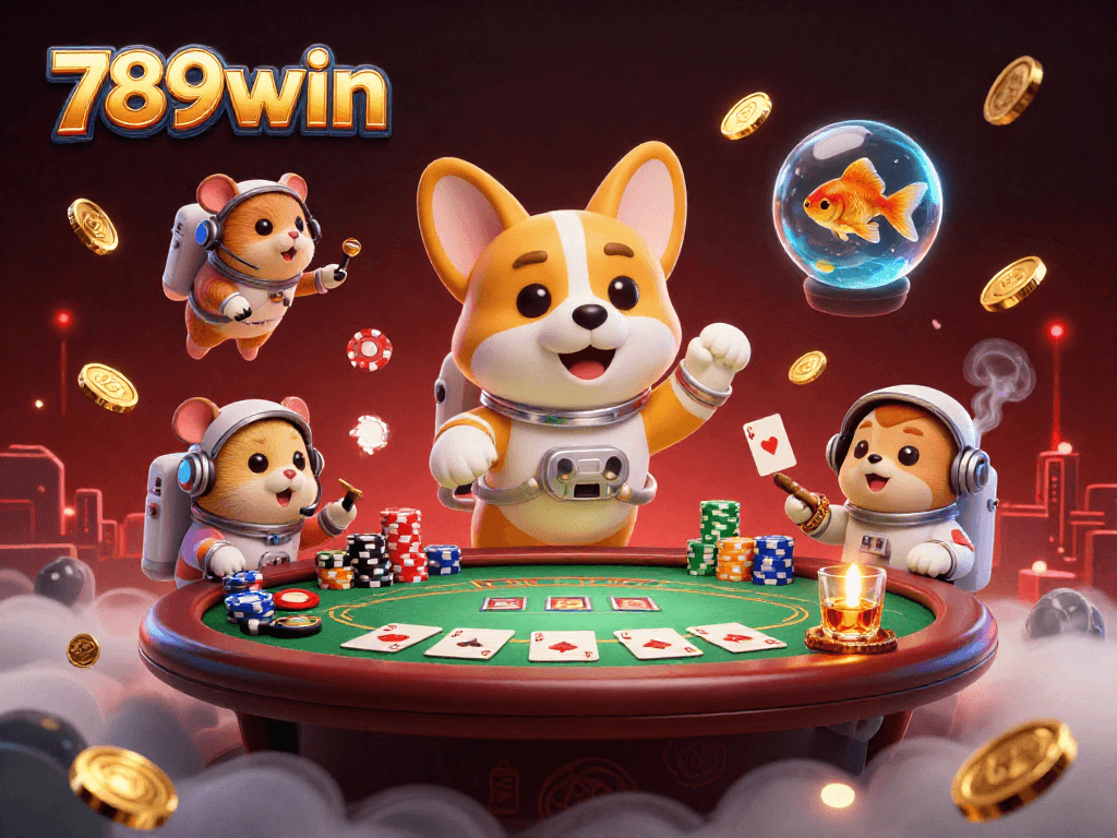 Engage with thrilling gameplay at 789win, featuring a dynamic casino scene with floating corgi and vibrant chips.