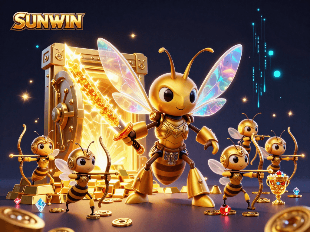 SUNWIN attracts players with a vibrant scene featuring a giant hornet and bee archers, illustrating thrilling online casino action.