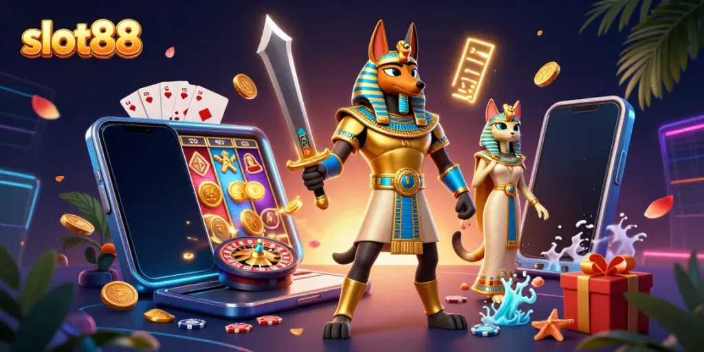 Slot88 menampilkan Anubis dan Bastet dalam permainan slot, meraih kemenangan dengan tema kasino.