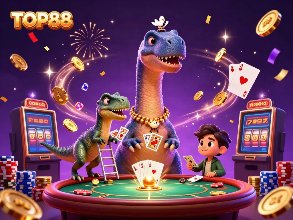Experience the excitement of gaming with TOP88's engaging casino scene featuring animated characters and vibrant elements.