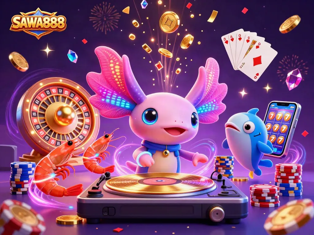 Engage with SAWA888's vibrant casino scene featuring colorful characters and dynamic gaming elements.