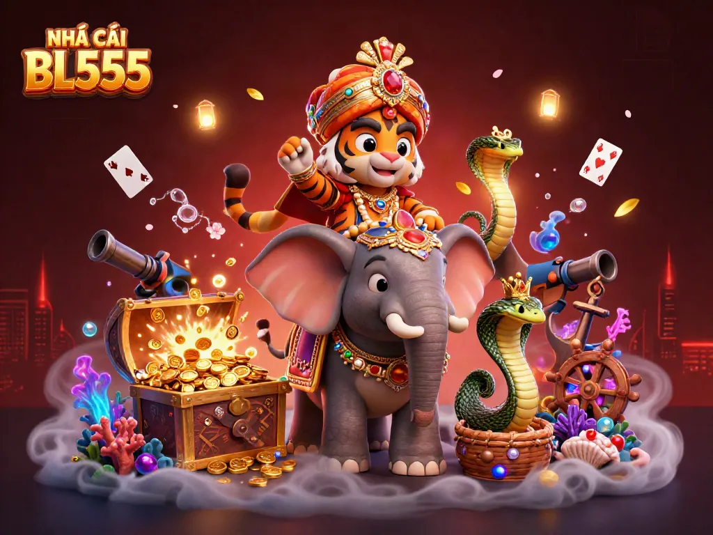 Win big at NHÀ CÁI BL555 with a vibrant 3D casino scene featuring majestic characters and thrilling game elements.
