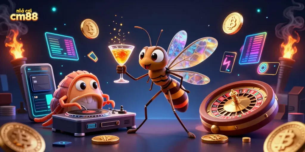 Engaging scene featuring nhà cái cm88 with a mascot mosquito, trilobite DJ, and ammonite roulette wheel.