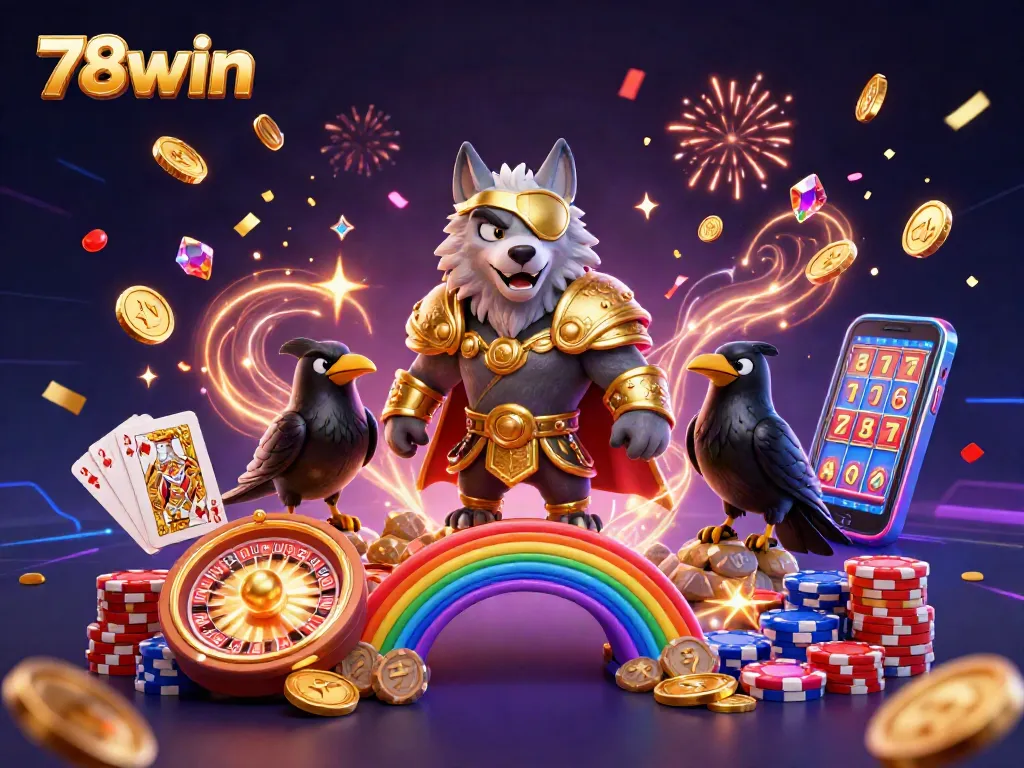 Engage in thrilling gameplay at 78win with Odin and ravens on a vibrant casino chip bridge.