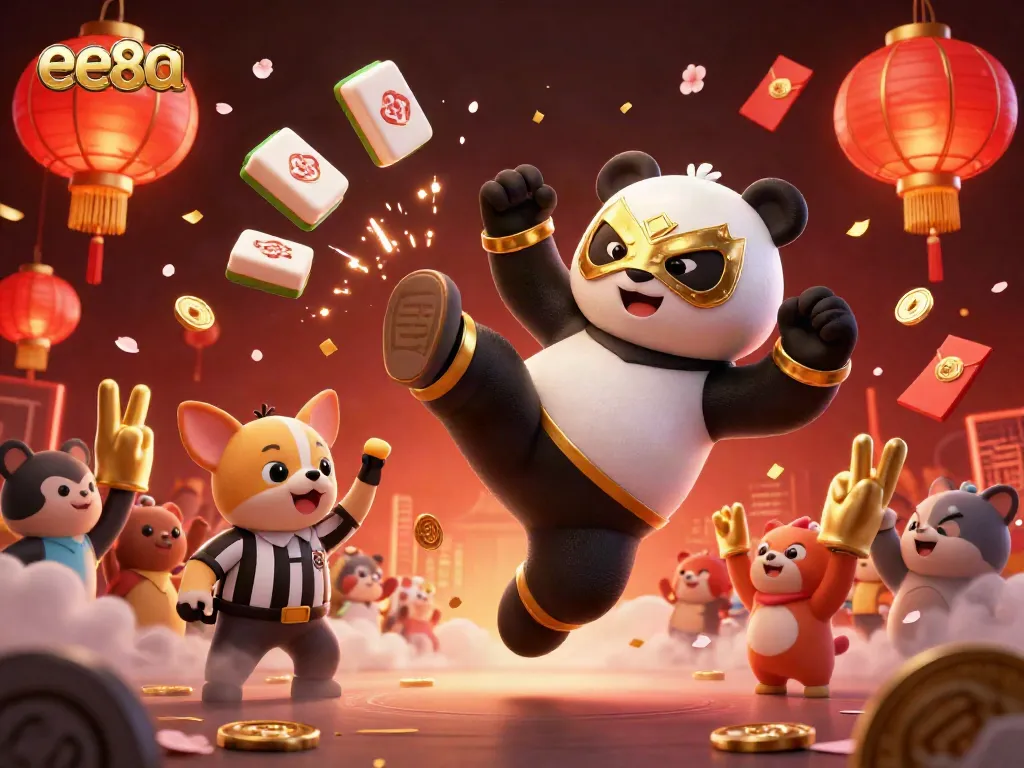 Experience ee88a's vibrant casino atmosphere, featuring a panda wrestler and cheering spectators.
