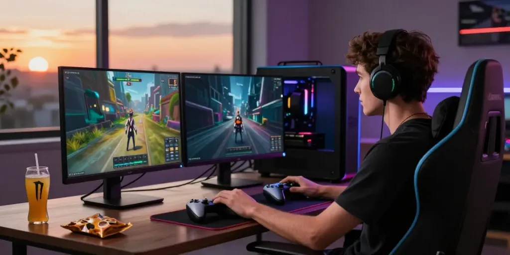 Penggemar tusuk88 bermain game di setup modern dengan pencahayaan RGB dan dua layar.